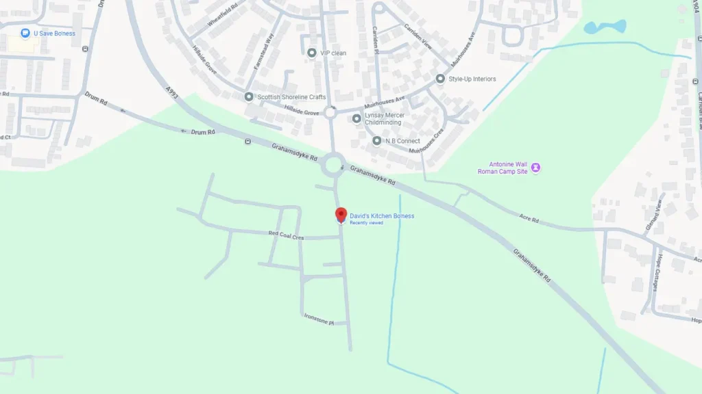 David’s Kitchen Locations map showing the Bo’ness store serving fresh food daily.