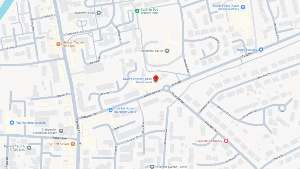 David’s Kitchen Locations map showing the Falkirk store, your local convenience store.