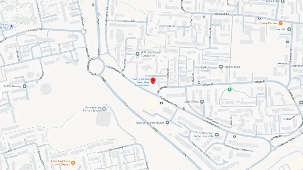 David’s Kitchen Locations map showing the Glenrothes store serving fresh food daily.