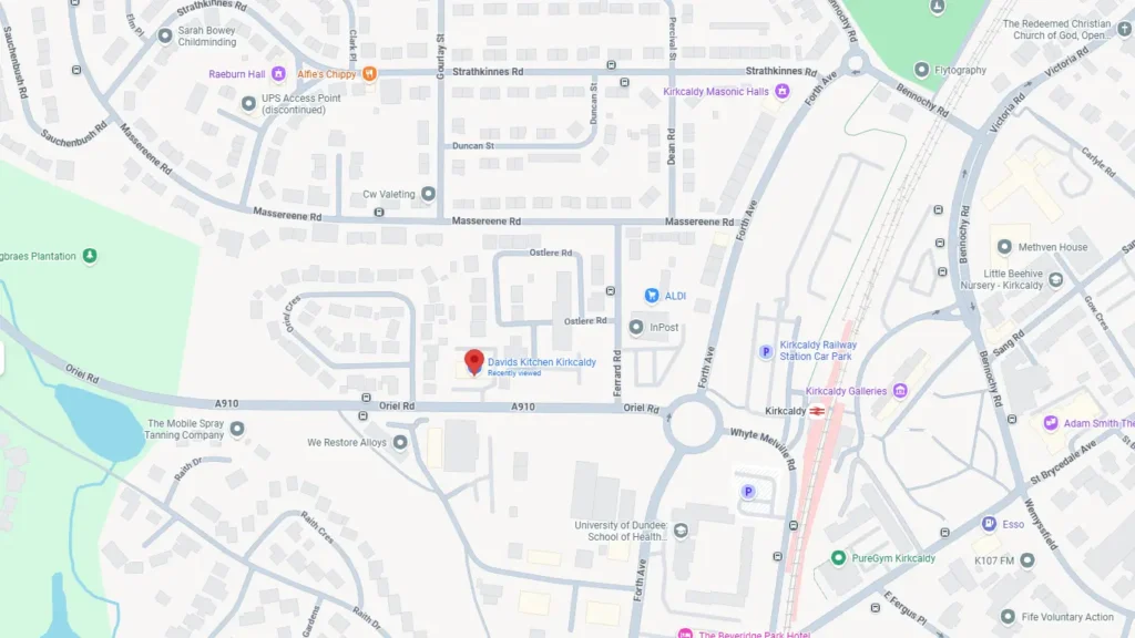 David’s Kitchen Locations map showing the Kirkcaldy store with fresh food and ready meals.